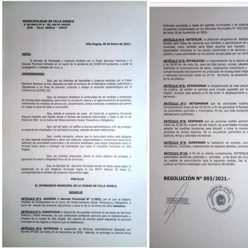 Villa &Aacute;ngela: EL MUNICIPIO ADHIERE AL DECRETO PROVINCIAL N&deg; 1/2021 Y ESTABLECE LA ALARMA SANITARIA DE LUNES A MI&Eacute;RCOLES