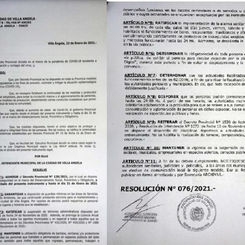 Villa &Aacute;ngela: EL MUNICIPIO ADHIERE AL DECRETO PROVINCIAL N&deg; 128/2021 QUE IMPLEMENTA EL ASPO