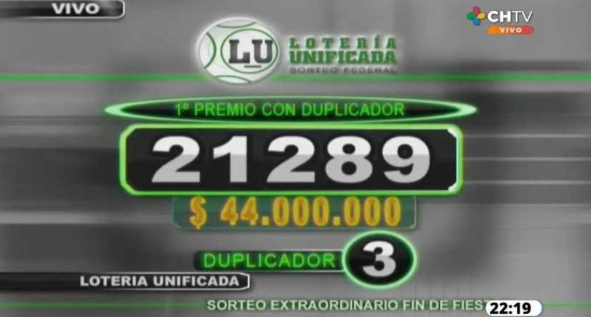 Sorteo Extraordinario &ldquo;Fin de Fiestas&rdquo; de Loter&iacute;a Unificada: EL PRIMER PREMIO FUE ASIGNADO A CHACO Y NEUQU&Eacute;N 