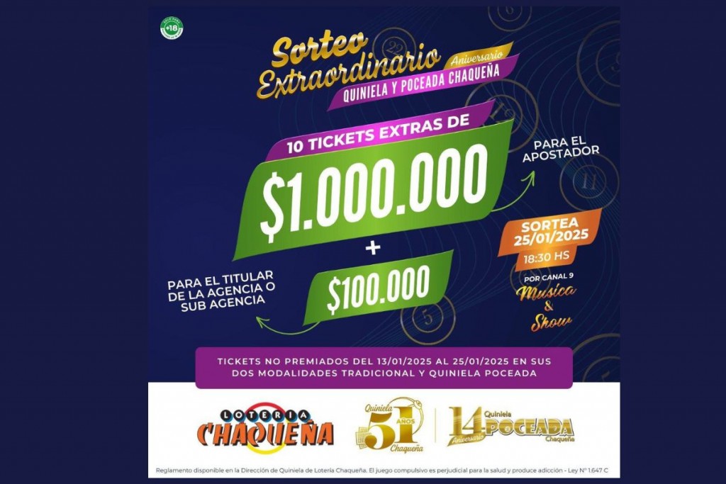 POR LOS 51 AÑOS DE LA QUINELA OFICIAL Y 14° DE LA POCEADA, LOTERÍA CHAQUEÑA SORTEARÁ MÁS DE 10 MILLONES DE PESOS