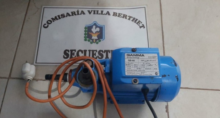Villa Berthet: RECUPERAN UNA BOMBA DE AGUA SUSTRA&Iacute;DA DE UN DOMICILIO