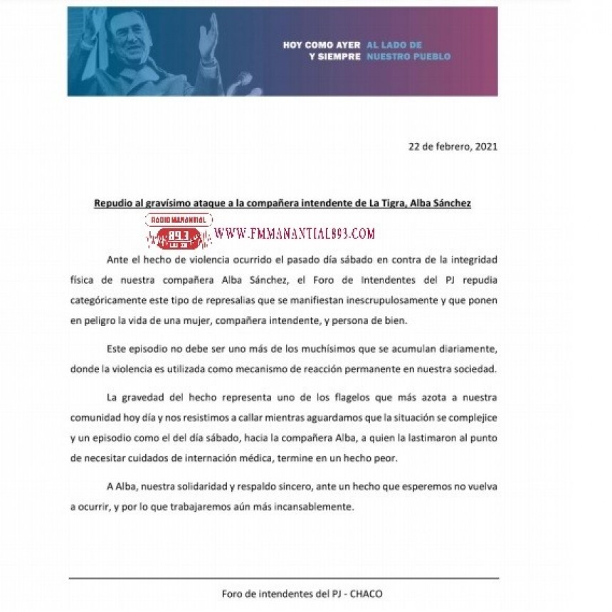 Enrique Urien: EL FORO DE INTENDENTES DEL PJ REPUDIA EL ATAQUE A LA INTENDENTE DE LA TIGRA, ALBA SANCHEZ            
