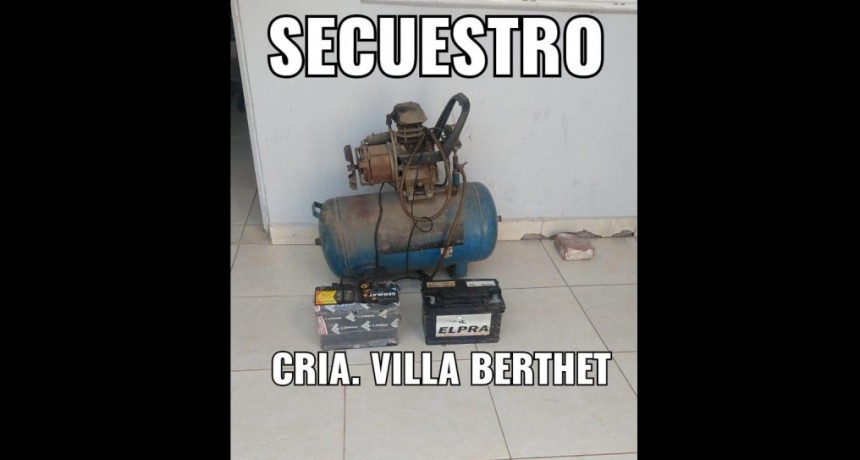 Villa Berthet: RECUPERAN ELEMENTOS ROBADOS A UN TALLER