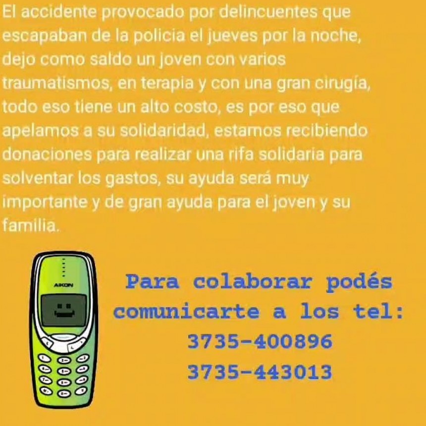 VILLA &Aacute;NGELA: TRAS EL ACCIDENTE QUE SUFRI&Oacute; LA SEMANA PASADA  | FAMILIARES DE RODOLFO ORTIZ SOLICITAN  DONACIONES PARA SACAR A LA VENTA UN BONO SOLIDARIO 