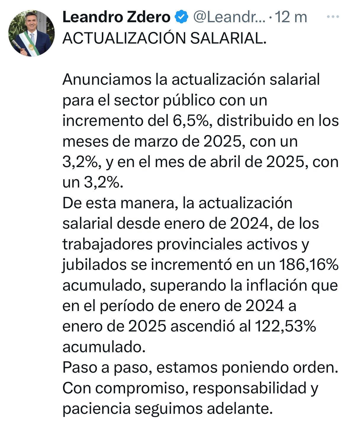 EL GOBERNADOR ZDERO ANUNCIÓ ACTUALIZACIÓN SALARIAL PARA EL SECTOR PÚBLICO