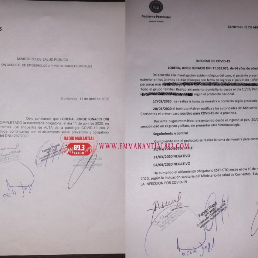JORGE LOBERA Y SU FAMILIA TIENEN EL ALTA EPIDEMIOL&Oacute;GICO Y CONTINUAR&Aacute;N LA CUARENTENA OBLIGATORIA