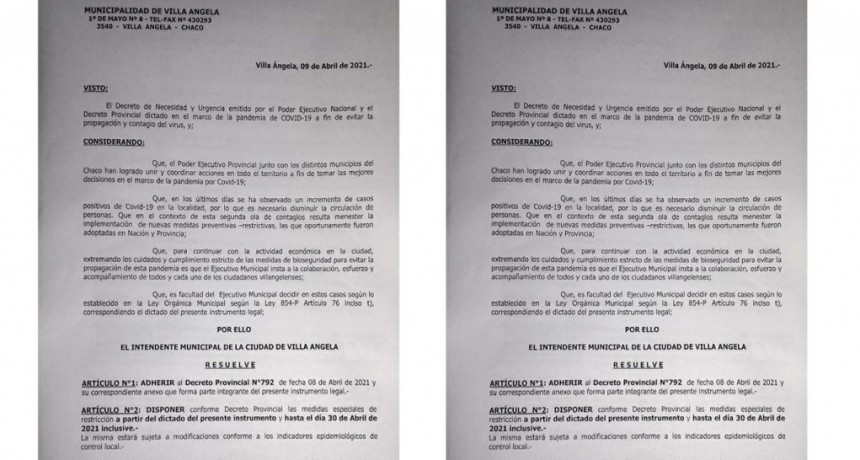 Villa &Aacute;ngela: EL MUNICIPIO ADHIERE AL DECRETO PROVINCIAL N&deg; 792 | LAS MEDIDAS REGIR&Aacute;N DESDE EL 09 AL 30 DE ABRIL