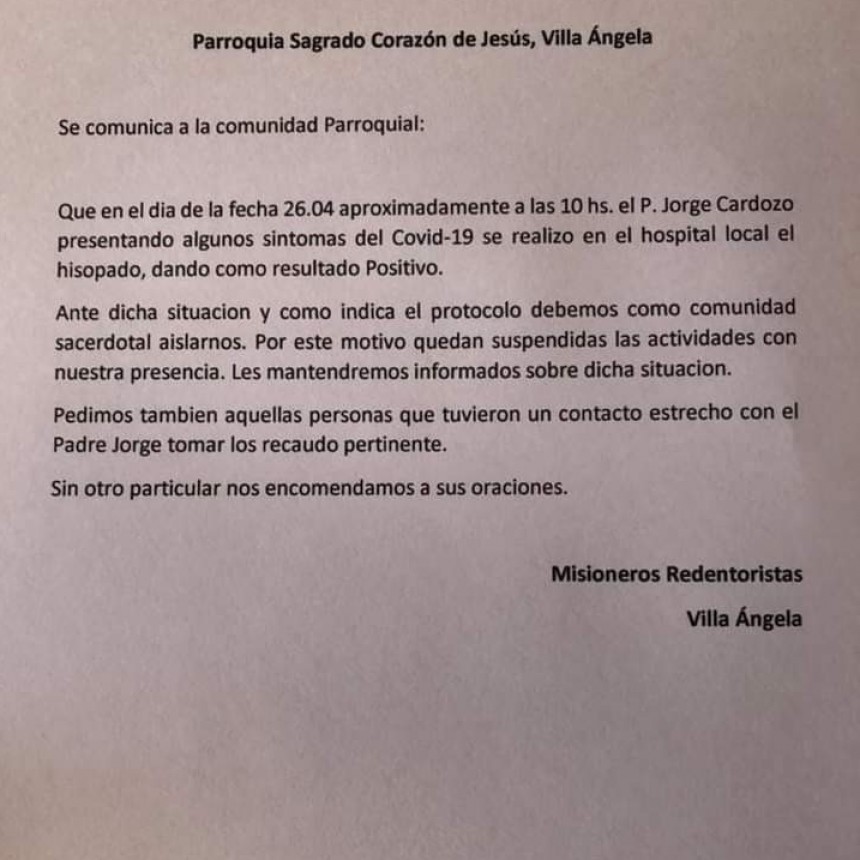 Villa &Aacute;ngela: FISCAL&Iacute;A, POLIC&Iacute;A Y SALUD TRABAJAN FUERTEMENTE PARA AISLAR POSIBLES CONTAGIOS DE LOS PRESENTES EN LAS MISAS EN DONDE ESTUVO JORGE CARDOZO