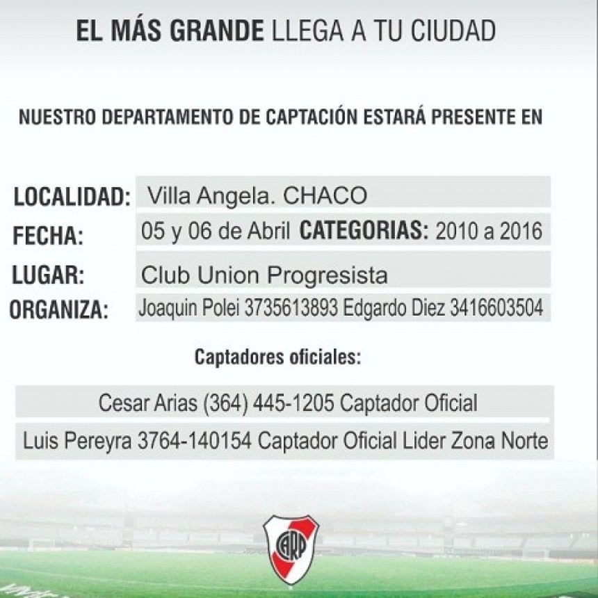 Villa &Aacute;ngela: 5 Y 6 DE ABRIL  CLUB PROGRESISTA | Se estar&aacute; realizando las pruebas Infanto-juvenil con Captadores Oficiales de River Plate