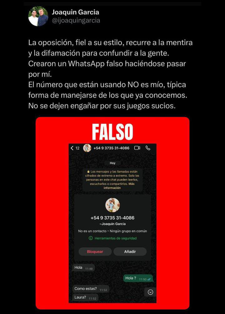 JOAQU&Iacute;N GARC&Iacute;A ALERT&Oacute; A LA SOCIEDAD QUE CIRCULA UN N&Uacute;MERO DE WHATSAPP QUE SE HACE PASAR POR &Eacute;L 