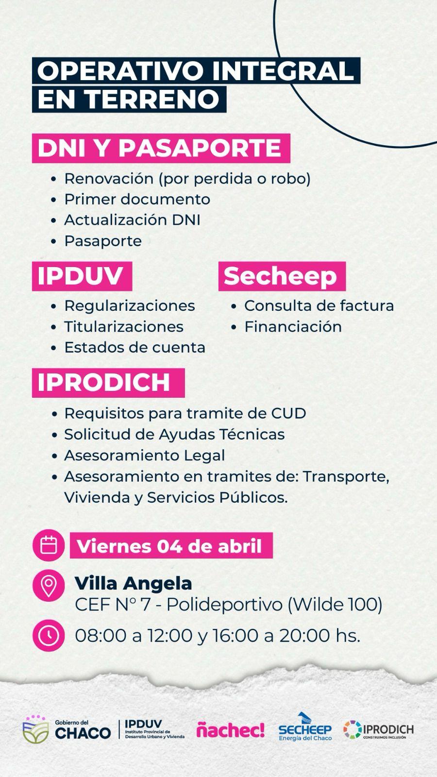ESTE VIERNES 4 DE ABRIL: EL OPERATIVO INTEGRAL EN TERRENO LLEGA A VILLA &Aacute;NGELA