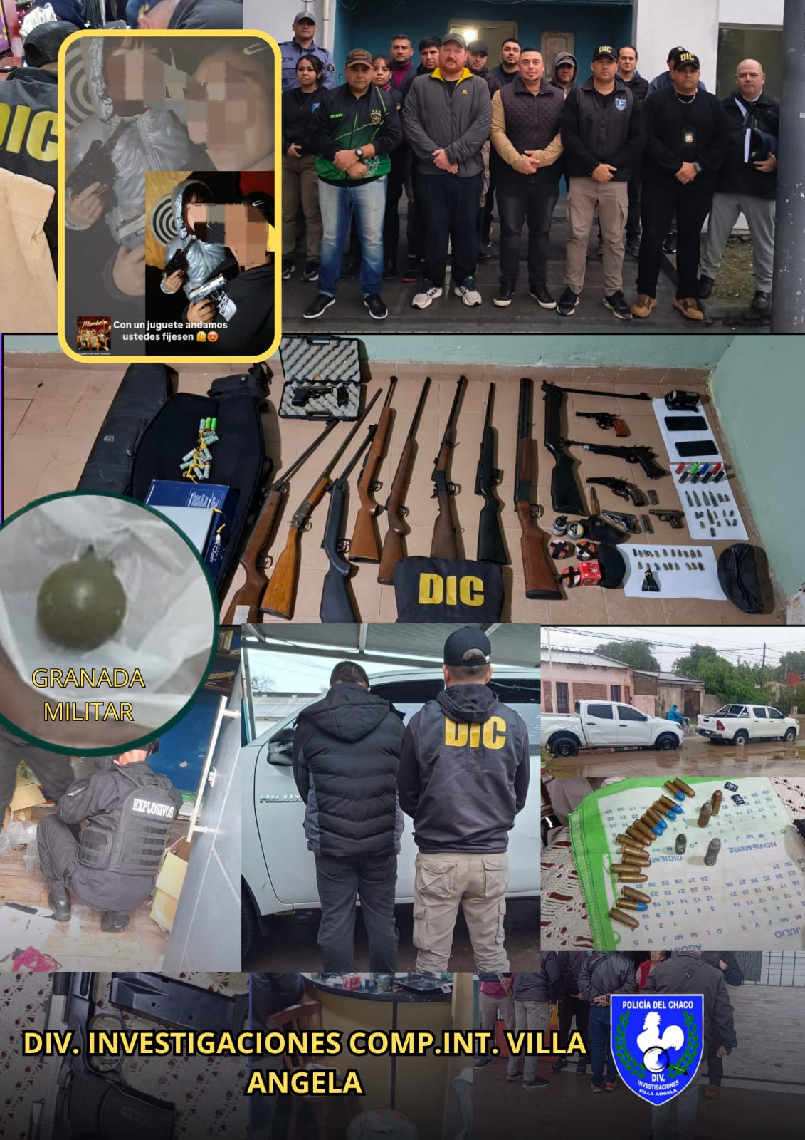 Villa Angela: LA POLICIA SECUESTR&Oacute; ARMAS Y UNA GRANADA ACTIVA EN UN ALLANAMIENTO POR AMENAZAS E INCITACI&Oacute;N A LA VIOLENCIA