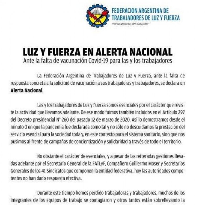 Luz y Fuerza en alerta nacional por la falta de vacunas para los obreros del sector energ&eacute;tico