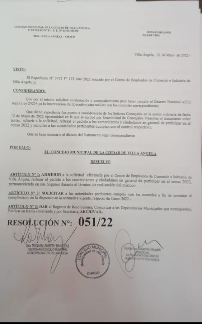 Villa &Aacute;ngela: EL CONCEJO DELIBERANTE ADHIRI&Oacute; MEDIANTE RESOLUCI&Oacute;N 051/22 AL PEDIDO DEL CENTRO DE EMPLEADOS DE COMERCIO DE  ACATAR EL FERIADO POR LA REALIZACI&Oacute;N DEL CENSO