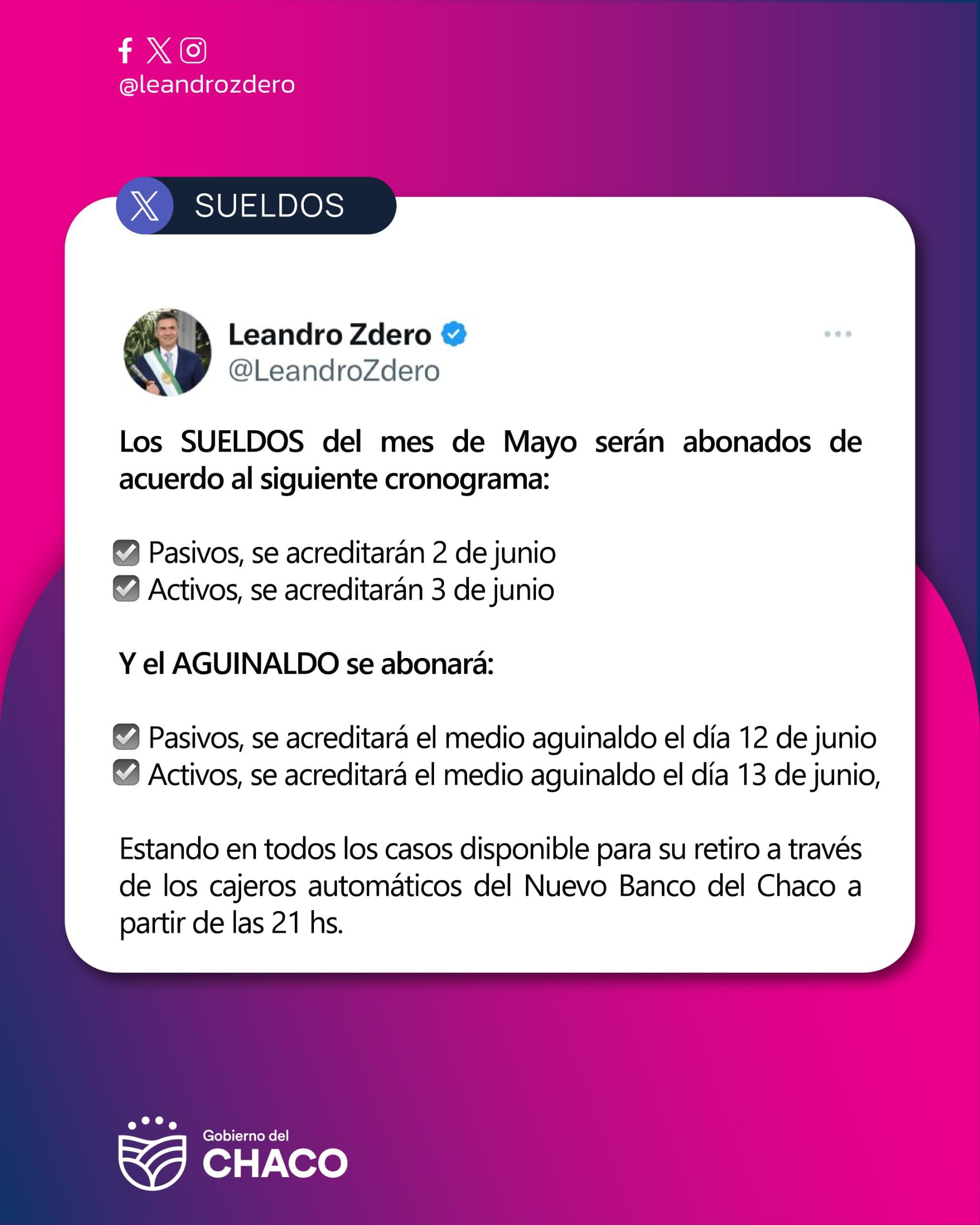 EL GOBERNADOR ZDERO ANUNCI&Oacute; EL CRONOGRAMA DE SUELDOS Y EL AGUINALDO PARA LA ADMINISTRACI&Oacute;N P&Uacute;BLICA