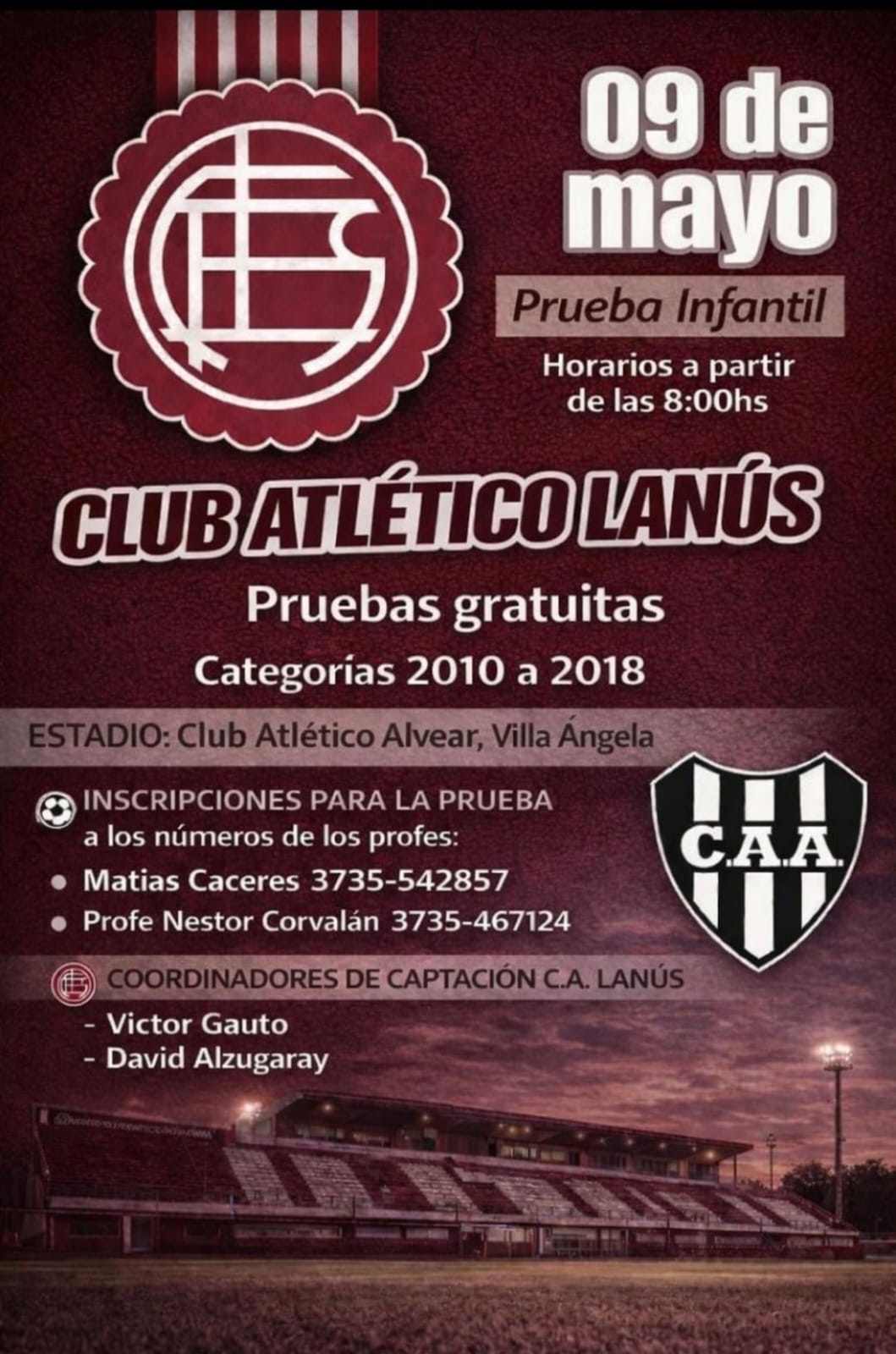 PRUEBAS GRATUITAS DE F&Uacute;TBOL INFANTIL EN ALVEAR CON VISOR&Iacute;AS DE LAN&Uacute;S