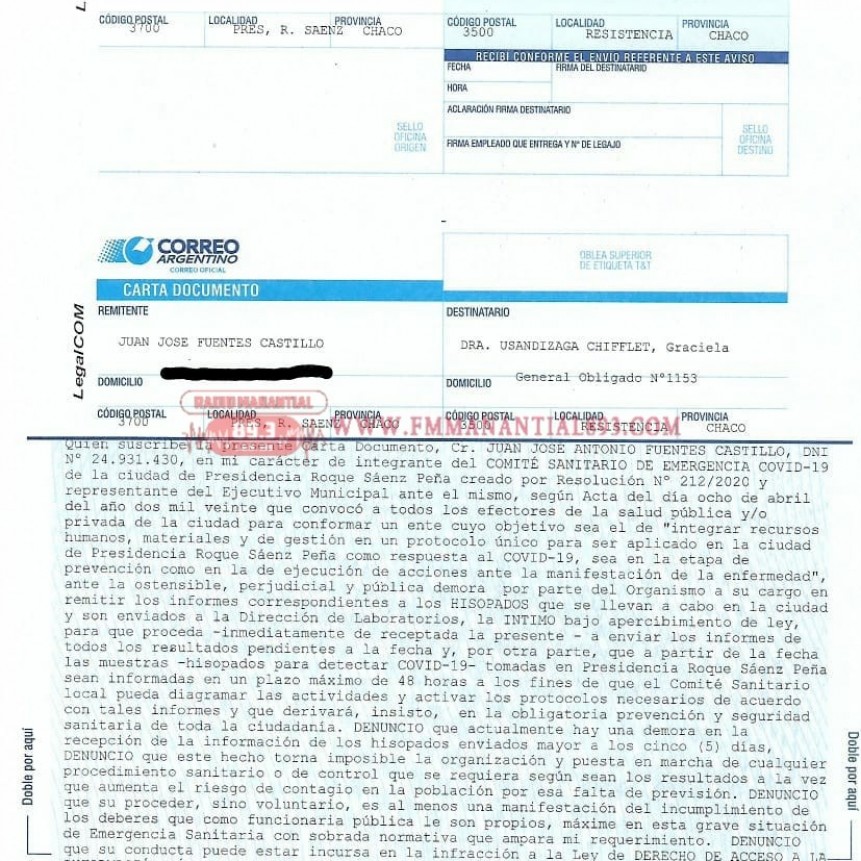Saenz Pe&ntilde;a: El Comit&eacute; Sanitario de Emergencia present&oacute; una carta documento solicitando mayor celeridad al procesamiento de datos y resultados de muestras
