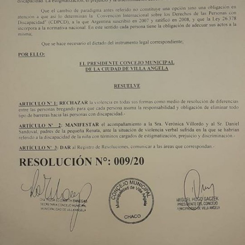 Villa &Aacute;ngela: EL CONCEJO MUNICIPAL RECHAZA LOS HECHOS DE VIOLENCIA VIVIDOS POR LOS PADRES DE RENATA LA PEQUE&Ntilde;A CON S&Iacute;NDROME DE DOWN.