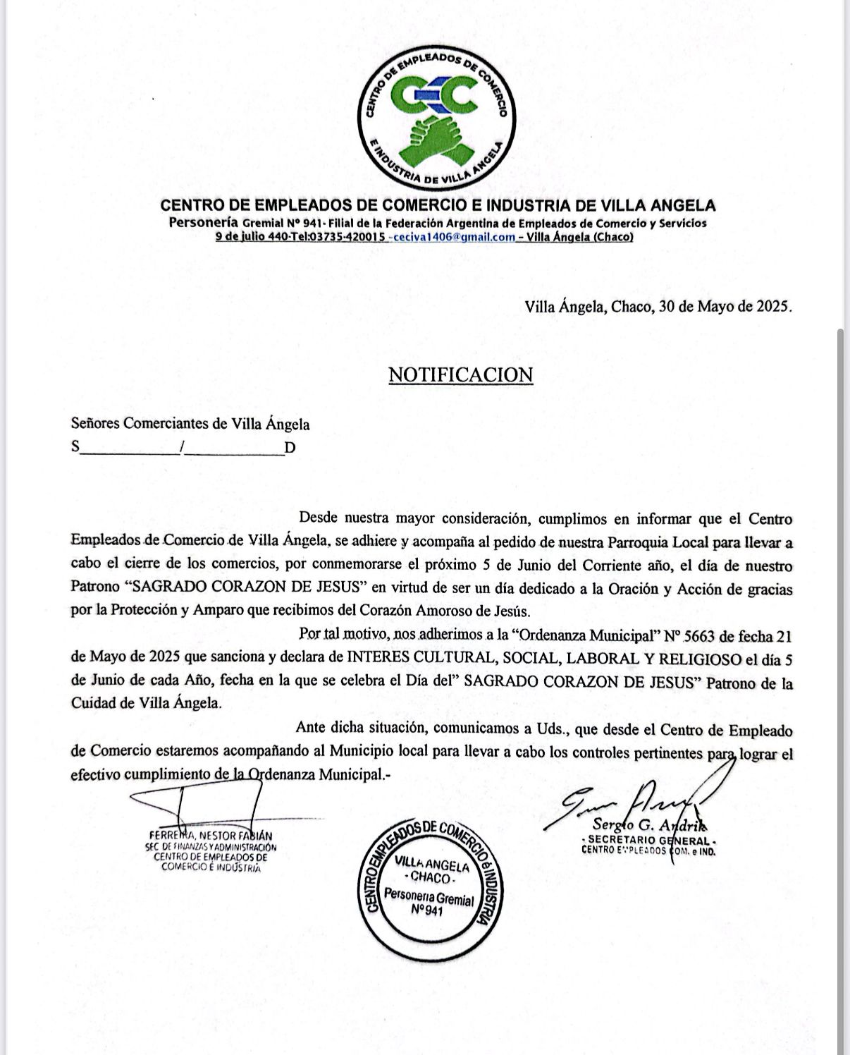 VILLA &Aacute;NGELA: SE DECRET&Oacute; ASUETO ADMINISTRATIVO MUNICIPAL EL 5 DE JUNIO POR "D&Iacute;A DEL PATRONO DEL PUEBLO" 