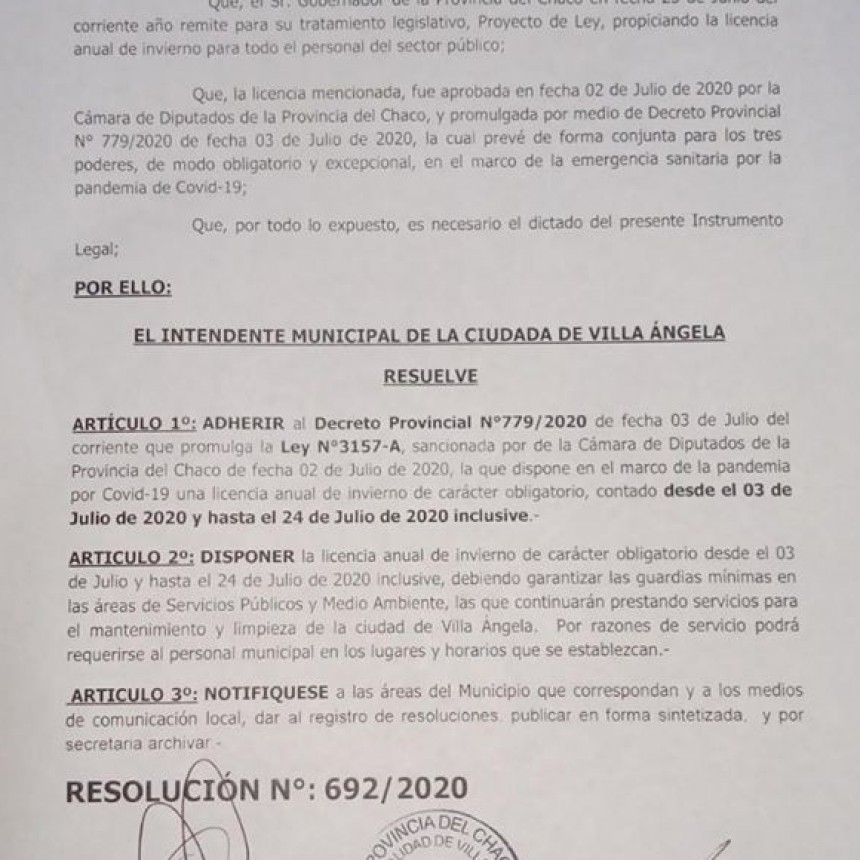 Villa &Aacute;ngela: EL MUNICIPIO SE UNE AL DECRETO Y DISPONE EL RECESO DE INVIERNO DEL 3 AL 24 DE JULIO