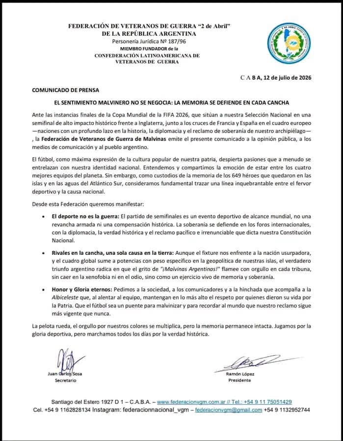 Comunicado de Veteranos de Malvinas de cara a la semifinal Argentina-Inglaterra