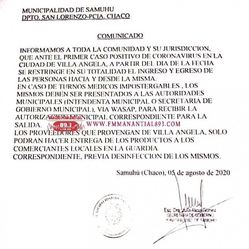 SAMUH&Uacute; PROH&Iacute;BE EL INGRESO DE PERSONAS PROVENIENTES DE VILLA &Aacute;NGELA