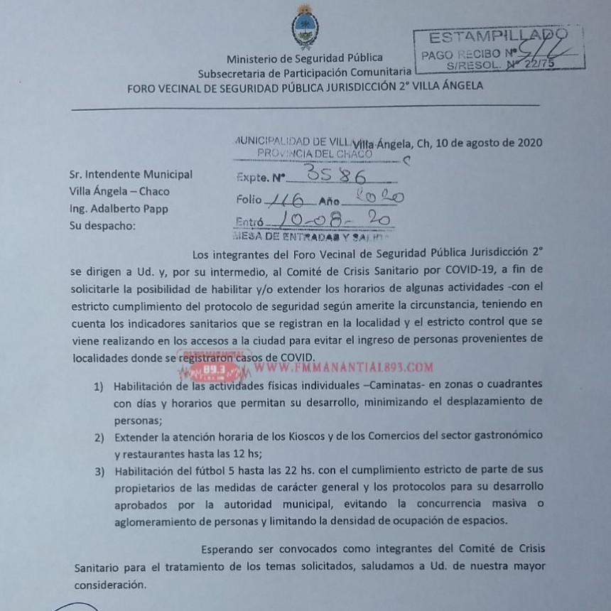 Villa &Aacute;ngela: EL FORO DE SEGURIDAD VECINAL P&Uacute;BLICA JURISDICCI&Oacute;N 2&deg; VILLA &Aacute;NGELA SOLICIT&Oacute; AL MUNICIPIO "HABILITACI&Oacute;N DE ACTIVIDADES DEPORTIVAS PERSONALES Y EXTENSI&Oacute;N DE HORARIO PARA COMERCIOS"