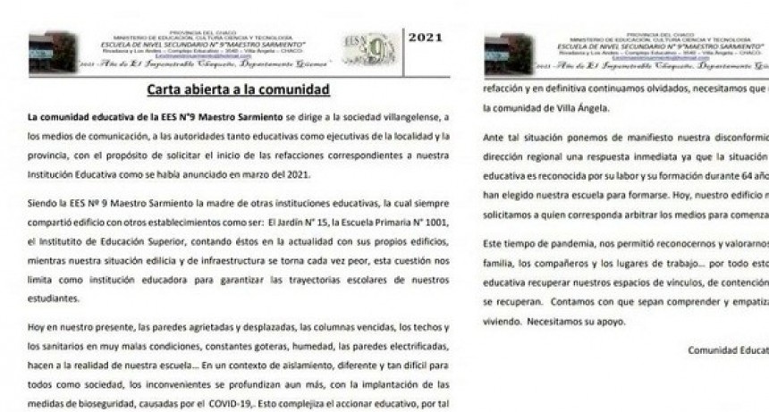 Villa &Aacute;ngela: La E.E.S. N&ordm;9 present&oacute; una Carta Abierta a la Comunidad y Autoridades Competentes para que Inicien las Obras de Refacci&oacute;n Total  