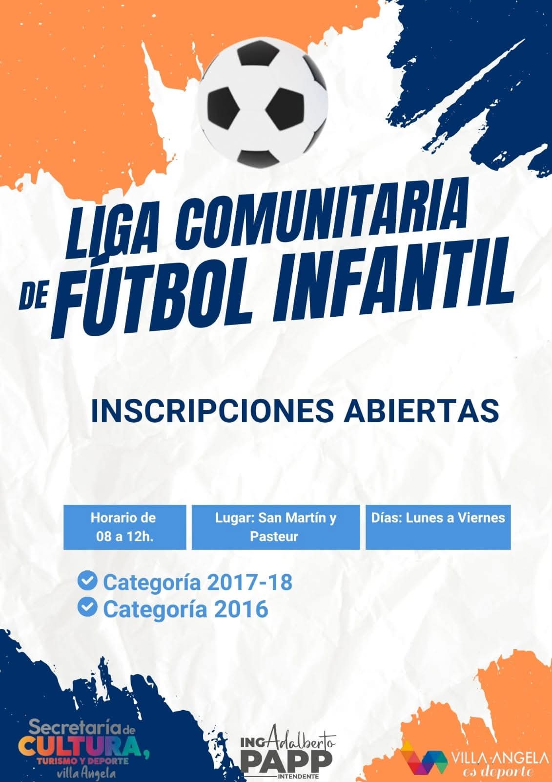 SE ABREN LAS INSCRIPCIONES PARA LA LIGA COMUNITARIA DE FÚTBOL INFANTIL EN VILLA ÁNGELA 