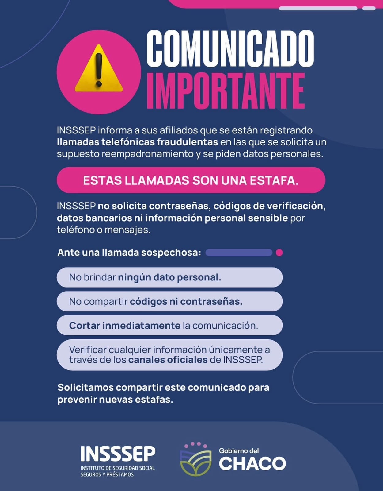 ALERTA: EL INSSSEP REITERA QUE NO REALIZA NINGUNA CAMPA&Ntilde;A DE REEMPADRONAMIENTO Y ADVIERTE SOBRE POSIBLES ESTAFAS