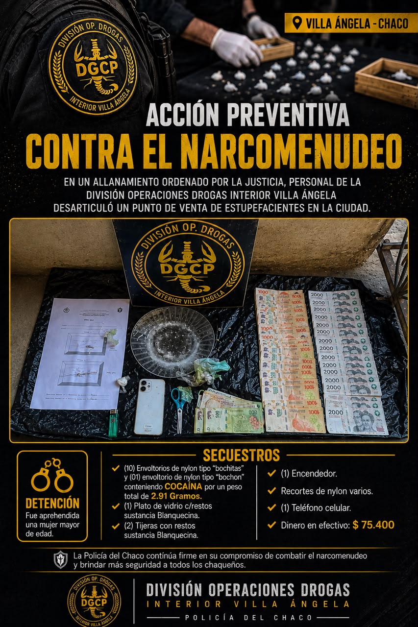 VILLA &Aacute;NGELA: DESARTICULAN UN PRESUNTO PUNTO DE VENTA DE DROGAS EN EL BARRIO ESCALADA