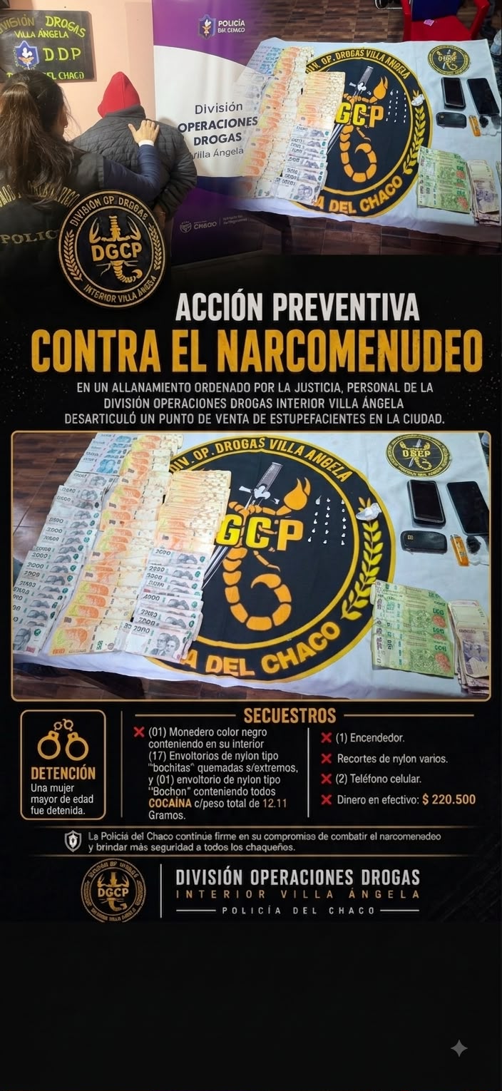 ALLANAMIENTO EN VILLA &Aacute;NGELA: SECUESTRAN COCA&Iacute;NA Y DETIENEN A UNA JOVEN