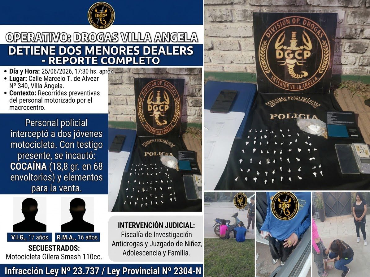 DROGAS VILLA &Aacute;NGELA: DETIENEN A DOS ADOLESCENTES CON 68 ENVOLTORIOS DE COCA&Iacute;NA