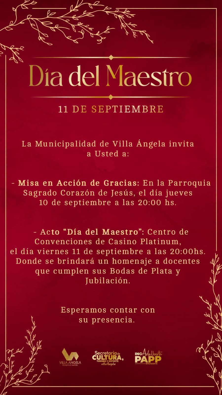 VILLA &Aacute;NGELA: EL MUNICIPIO INVITA A LAS ACTIVIDADES DE AGASAJO Y RECONOCIMIENTO &ldquo;D&Iacute;A DEL MAESTRO&rdquo;