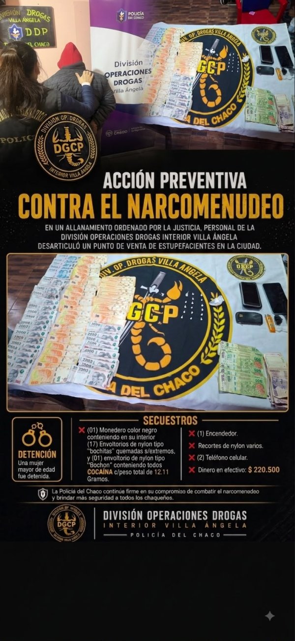 ALLANAMIENTO EN VILLA &Aacute;NGELA: SECUESTRAN COCA&Iacute;NA Y DETIENEN A UNA JOVEN