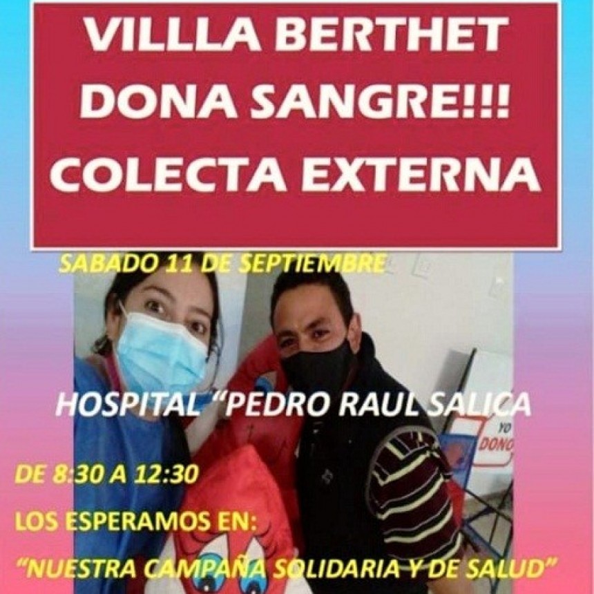 Villa Berthet: Organiza este S&aacute;bado 11 de Septiembre una Colecta Externa de Sangre