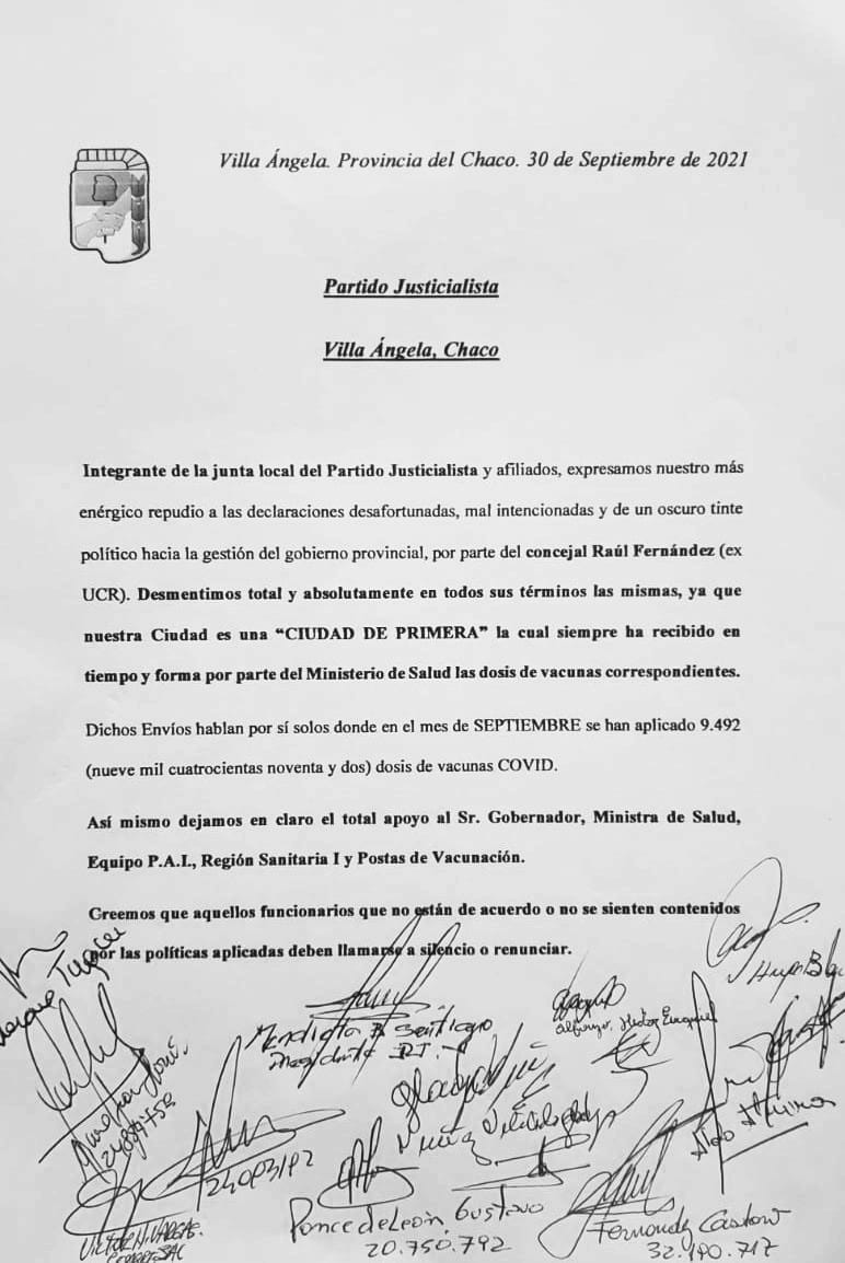 Villa Angela: Integrantes del partido justicialista repudian las declaraciones del concejal Ra&uacute;l Fern&aacute;ndez 