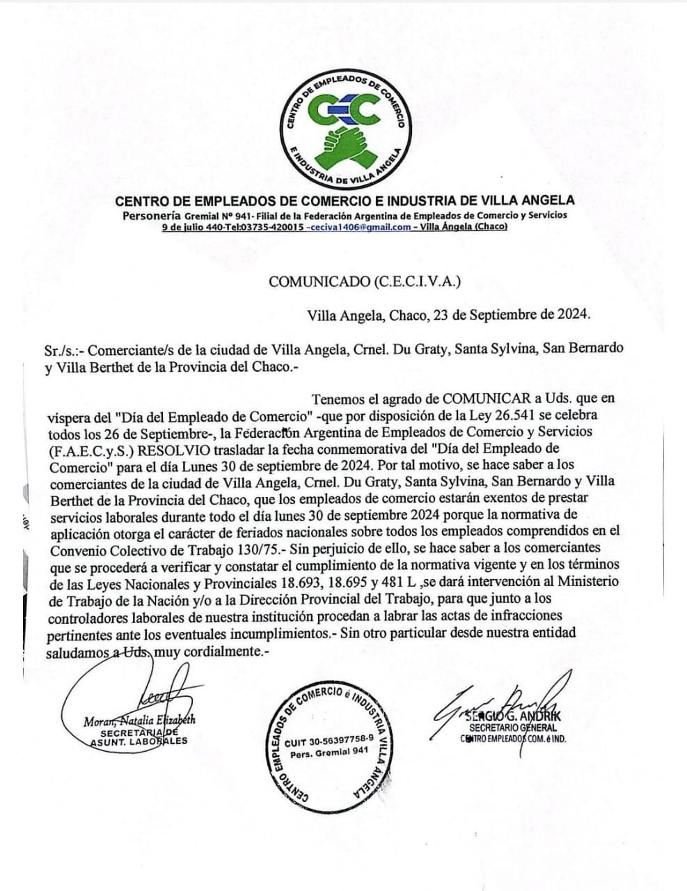 Villa Ángela: DÍA NO LABORAL EL 30 DE SEPTIEMBRE PARA LOS EMPLEADOS DE COMERCIO