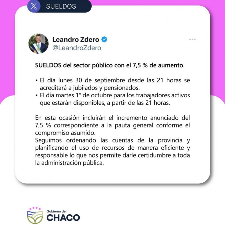 HOY COMIENZA EL PAGO DE SUELDOS CON EL INCREMENTO DEL 7,5% PARA LA ADMINISTRACI&Oacute;N P&Uacute;BLICA