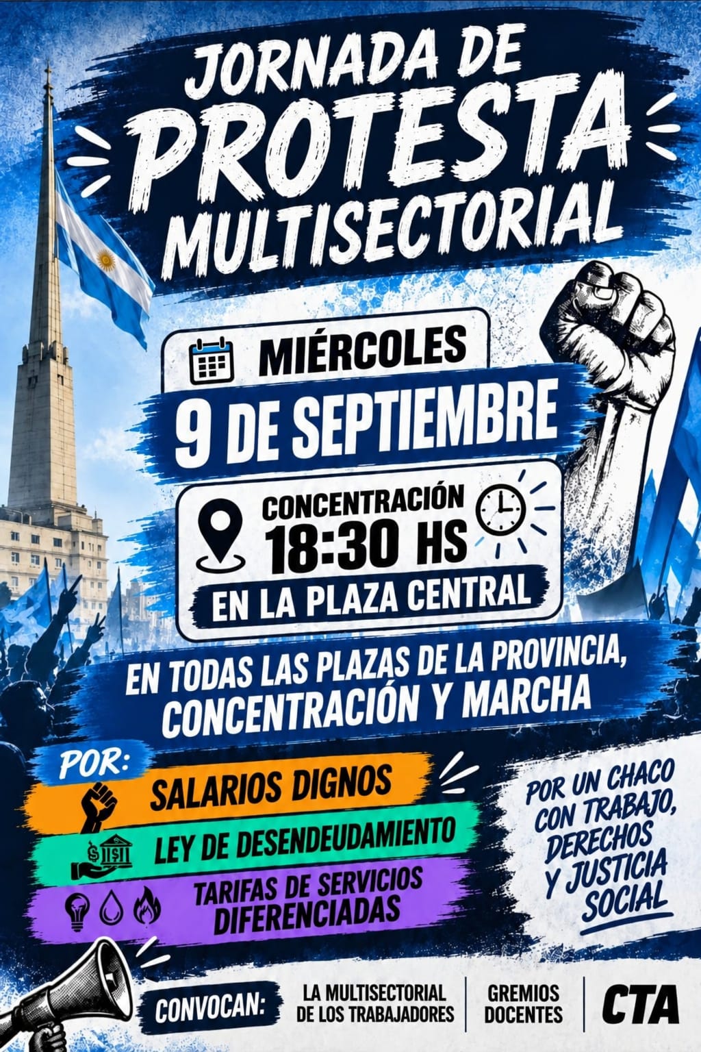 VILLA &Aacute;NGELA: GREMIOS REALIZAN UNA PROTESTA MULTISECTORIAL EN LA PLAZA CENTRAL