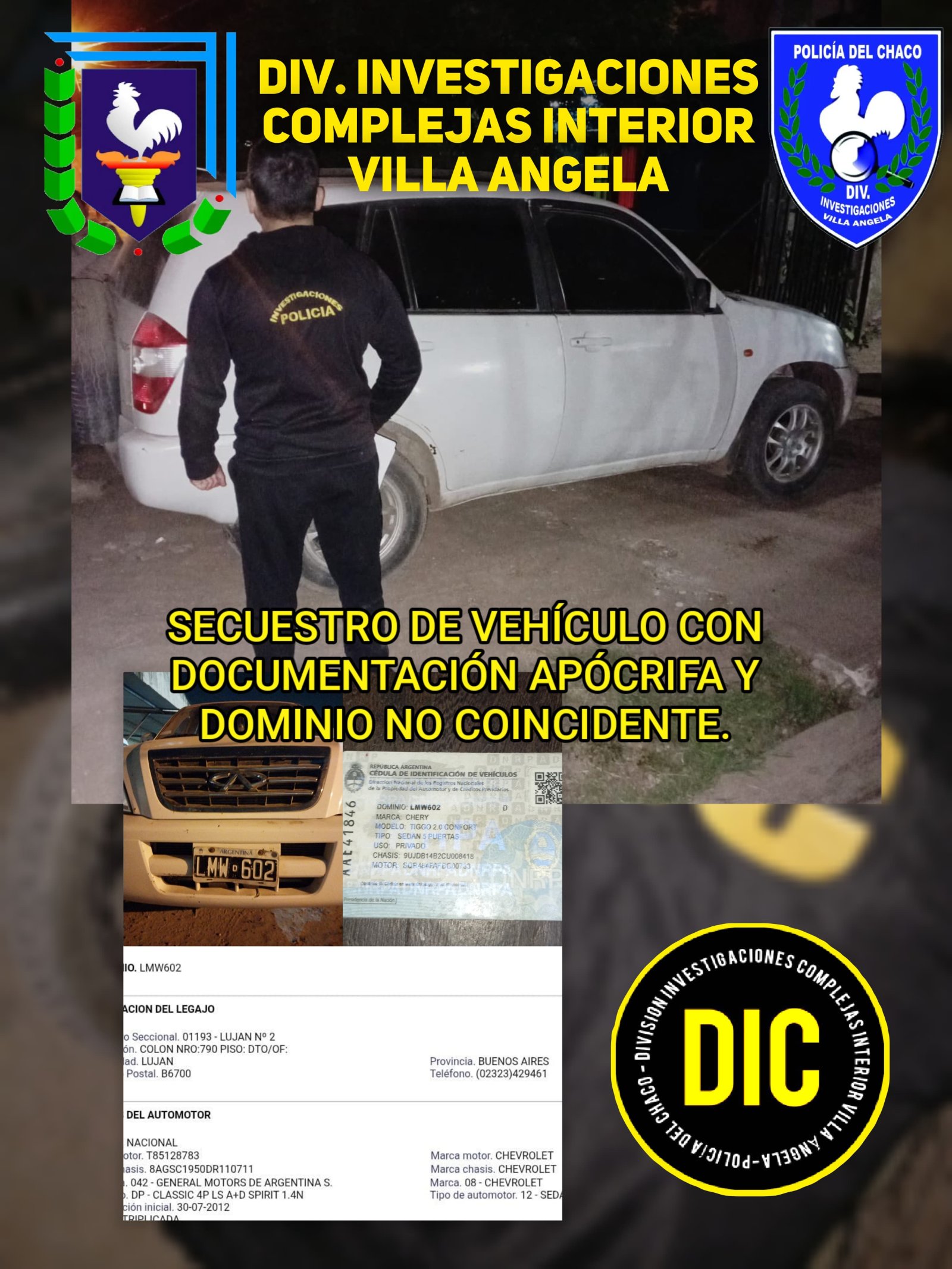 DETECTAN UNA CAMIONETA CON PATENTE Y DOCUMENTACI&Oacute;N APOCRIFA EN VILLA &Aacute;NGELA 