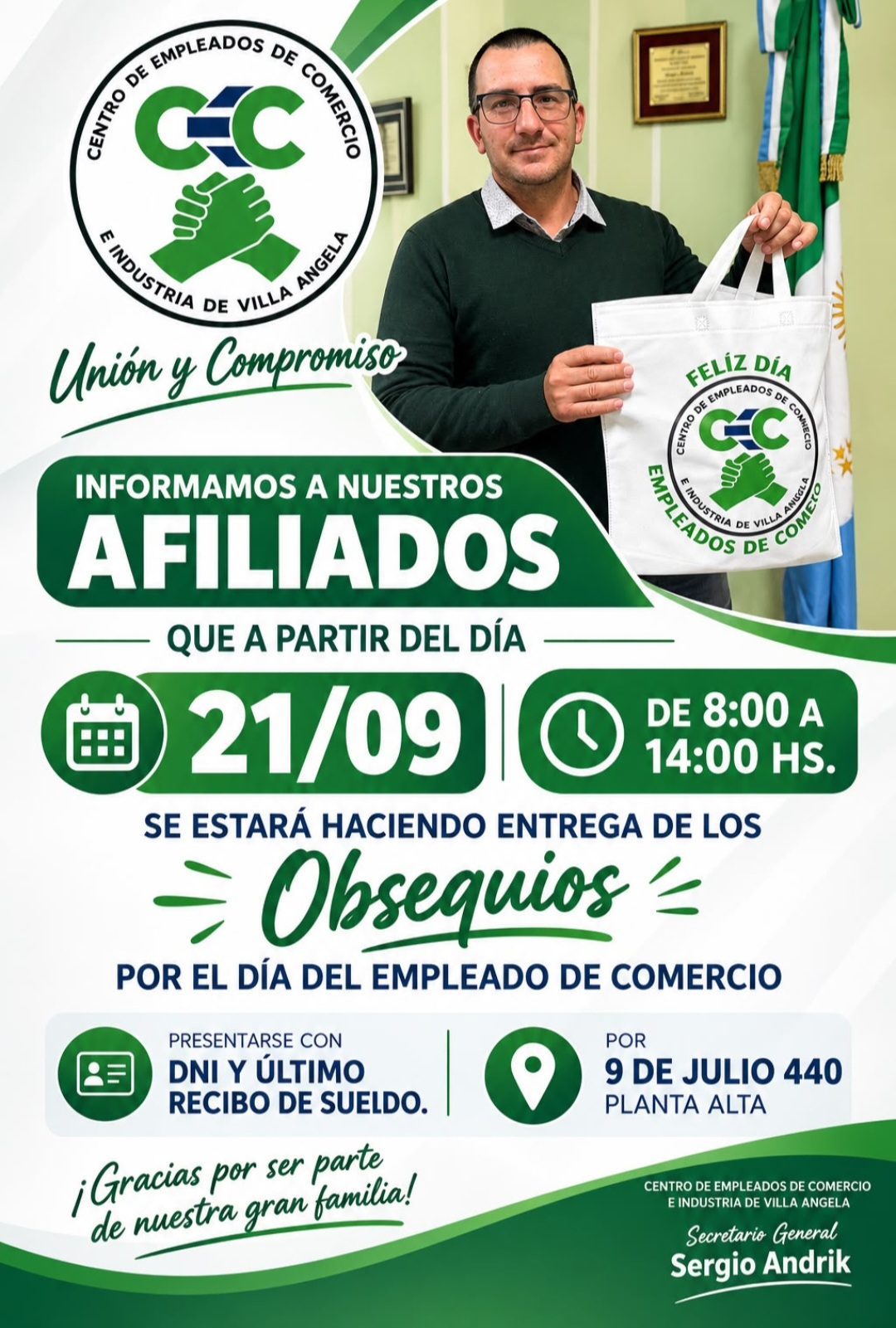 EL CENTRO DE EMPLEADOS DE COMERCIO DE VILLA &Aacute;NGELA CONTIN&Uacute;A CON LA ENTREGA DE OBSEQUIOS A SUS AFILIADOS