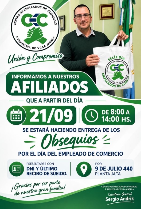 EL CENTRO DE EMPLEADOS DE COMERCIO DE VILLA &Aacute;NGELA CONTIN&Uacute;A CON LA ENTREGA DE OBSEQUIOS A SUS AFILIADOS