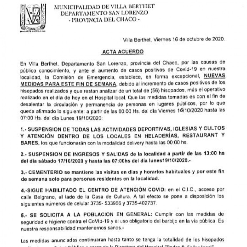 Villa Berthet: VUELVE A LEVANTAR RESTRICCI&Oacute;NES A SUS ACTIVIDADES A PARTIR DE HOY HASTA LAS 7 AM. DEL LUNES 19 DE OCTUBRE