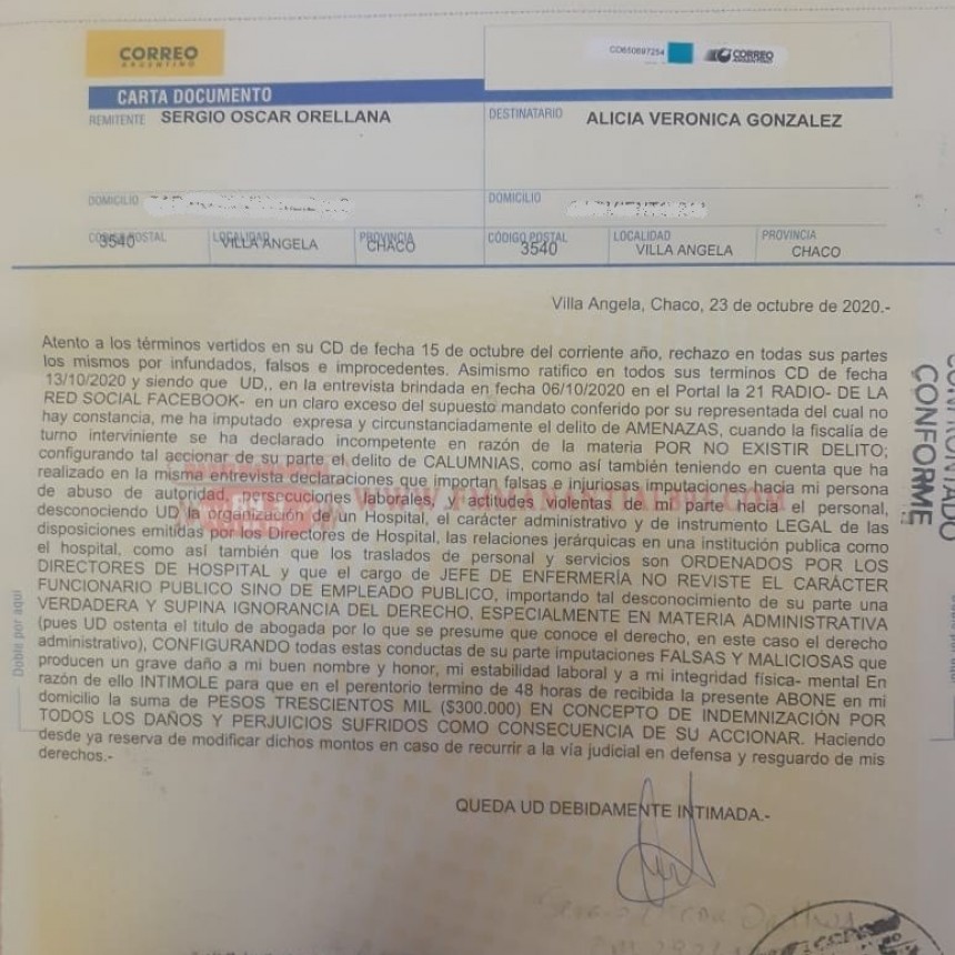 Villa &Aacute;ngela: EL JEFE DE ENFERMER&Iacute;A DEL HOSPITAL SALVADOR MAZZA LIC. ORELLANA DEMANDARA JUDICIALMENTE A LA DRA. GONZ&Aacute;LEZ POR CALUMNIAS E INJURIAS.