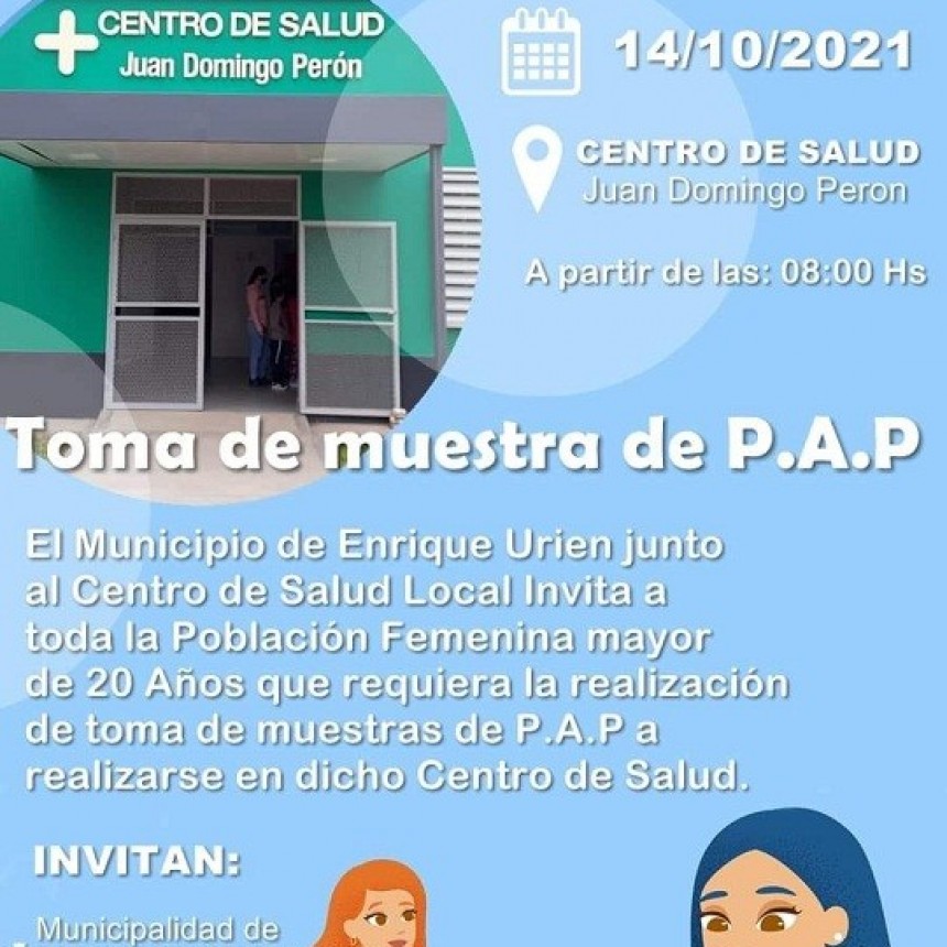Enrique Urien: Realizaran Tomas de Muestras de P.A.P este jueves 14 de octubre