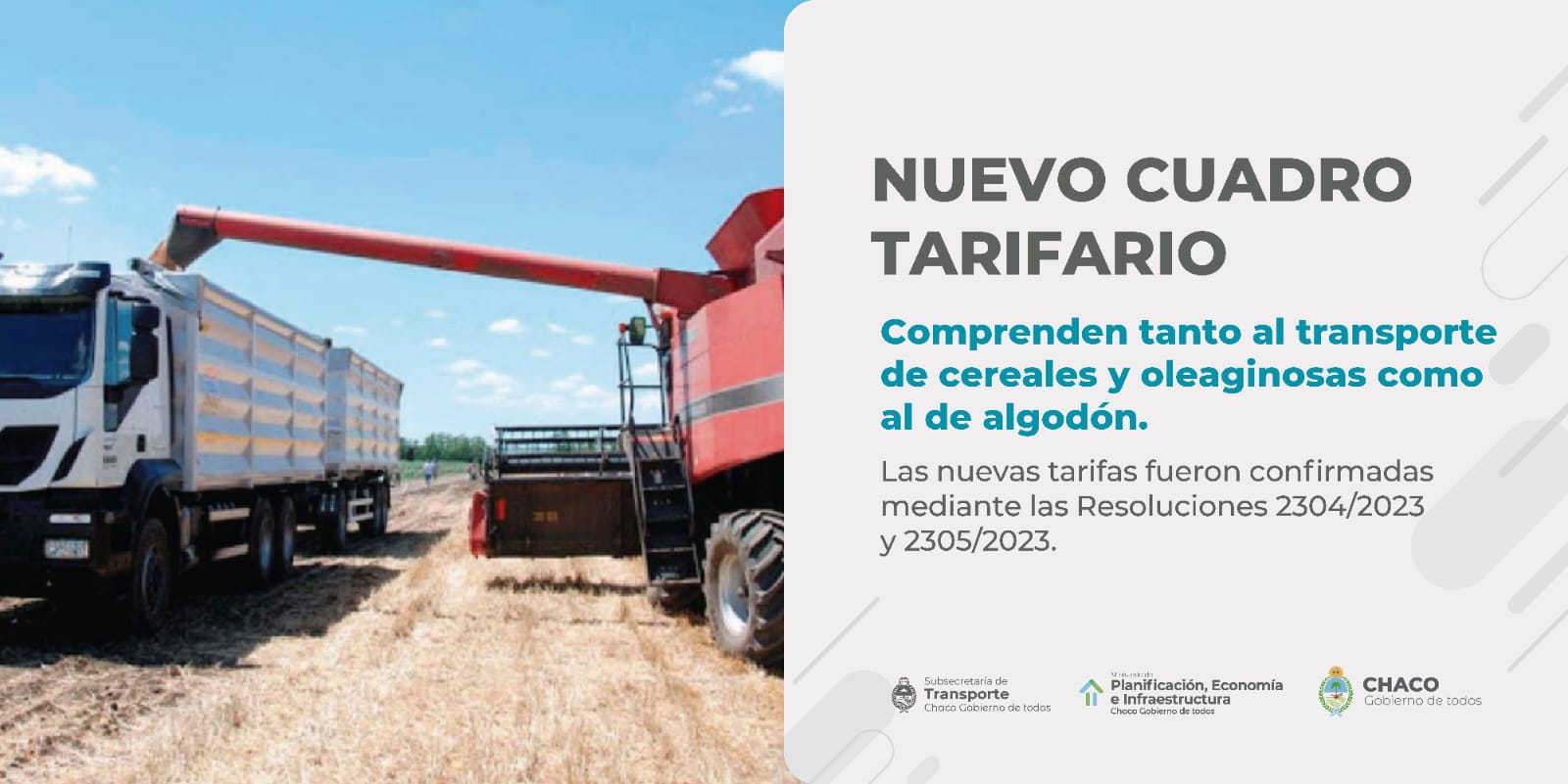 EL GOBIERNO INFORMA EL NUEVO CUADRO TARIFARIO PARA EL TRANSPORTE DE GRANOS Y ALGOD&Oacute;N