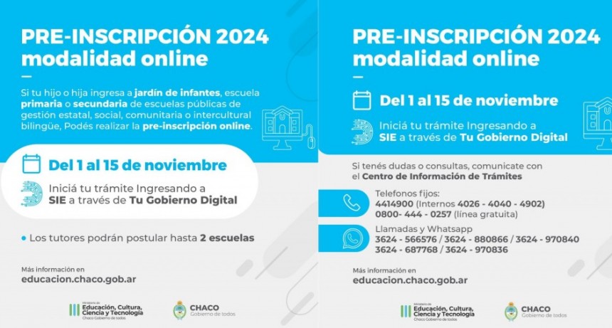 CICLO LECTIVO 2024: LA PREINSCRIPCI&Oacute;N ONLINE SER&Aacute; DEL 1 AL 15 DE NOVIEMBRE