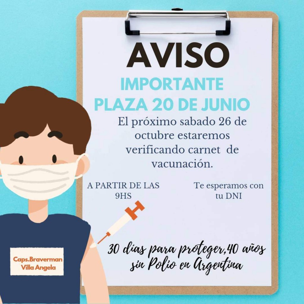 Villa Ángela: Verificarán carnet de vacunas en la plaza 20 de Junio 