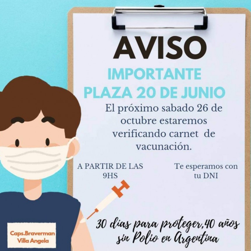 Villa &Aacute;ngela: Verificar&aacute;n carnet de vacunas en la plaza 20 de Junio 